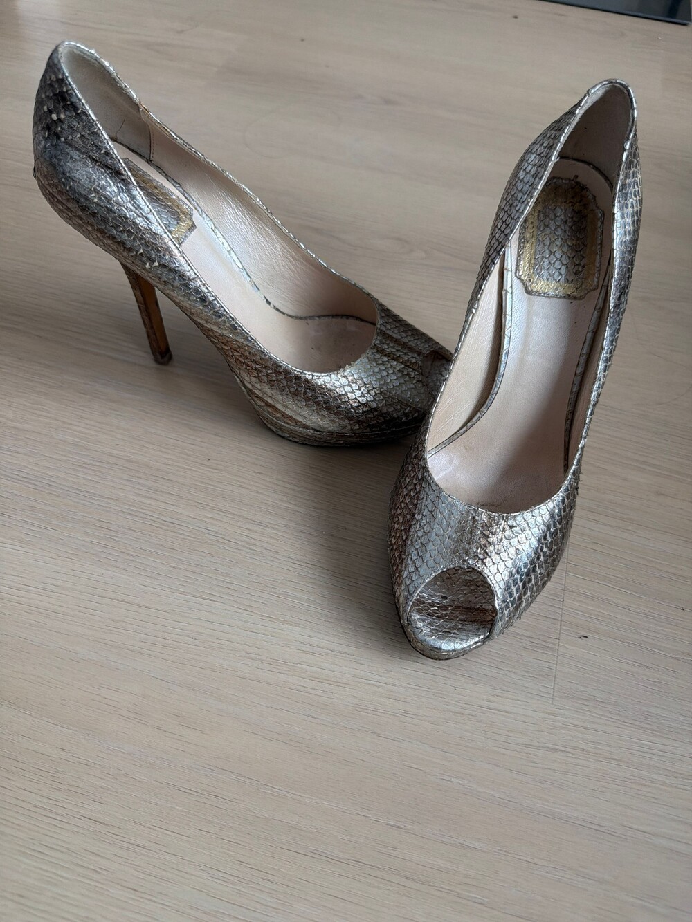 Dior Silver & Gold Snake Effect Platform Stilettos Size 36 Vintage